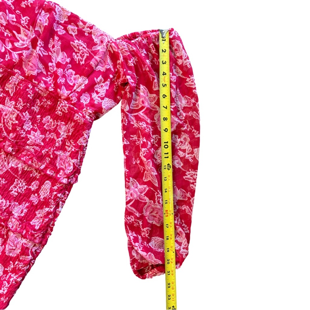 Hot‎ Pink Floral Smocked Mini Dress Puff Sleeve Cottagecore Romantic Size S - Picture 4 of 6
